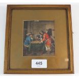 A small 19thC watercolour of three 17thC gentleman in a tavern, 9.5cm by 8.5cm