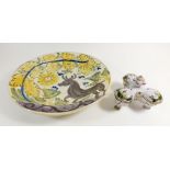 A French Faience dish painted stage with sun and trees, 30cm and a Faience three section inkwell