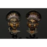 A pair of unusual Art Deco enamel and marcasite earrings in the form of South American Inca heads,