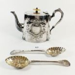An Edwardian silver plated tea pot, pair of berry spoons etc.