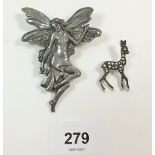 A vintage fawn brooch and a pewter fairy brooch