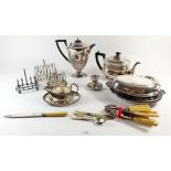 A box of silver plated items including toastracks and Walker & Hall coffee pot