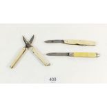 A pair of bone folding scissors and two folding pen knives