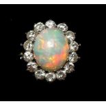 An 18ct white gold Australian opal and diamond cluster ring, size M, 4.3g