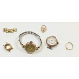 Two Edwardian 9ct gold ladies wrist watches and an 18ct gold watch case plus various other scrap