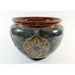 A Royal Doulton stoneware jardinière with stylised flowerhead decoration by Ethel Beard, 16cm tall