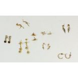 A selection of 9ct gold and yellow metal earrings with one pair marked for 18ct gold, total weight