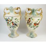A pair of large two handled vases painted birds, 35cm