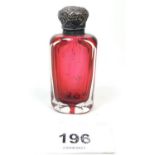 A Victorian cranberry small scent bottle with white metal lid - 6cm