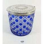 A blue flashed and cut glass biscuit barrel with silver plated lid