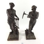 A pair of bronzed spelter figures of a miner and blacksmith, 34cm