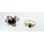 A 9ct gold ring set central sapphire, size L, 1.2g, together with a silver ring set cut glass stone