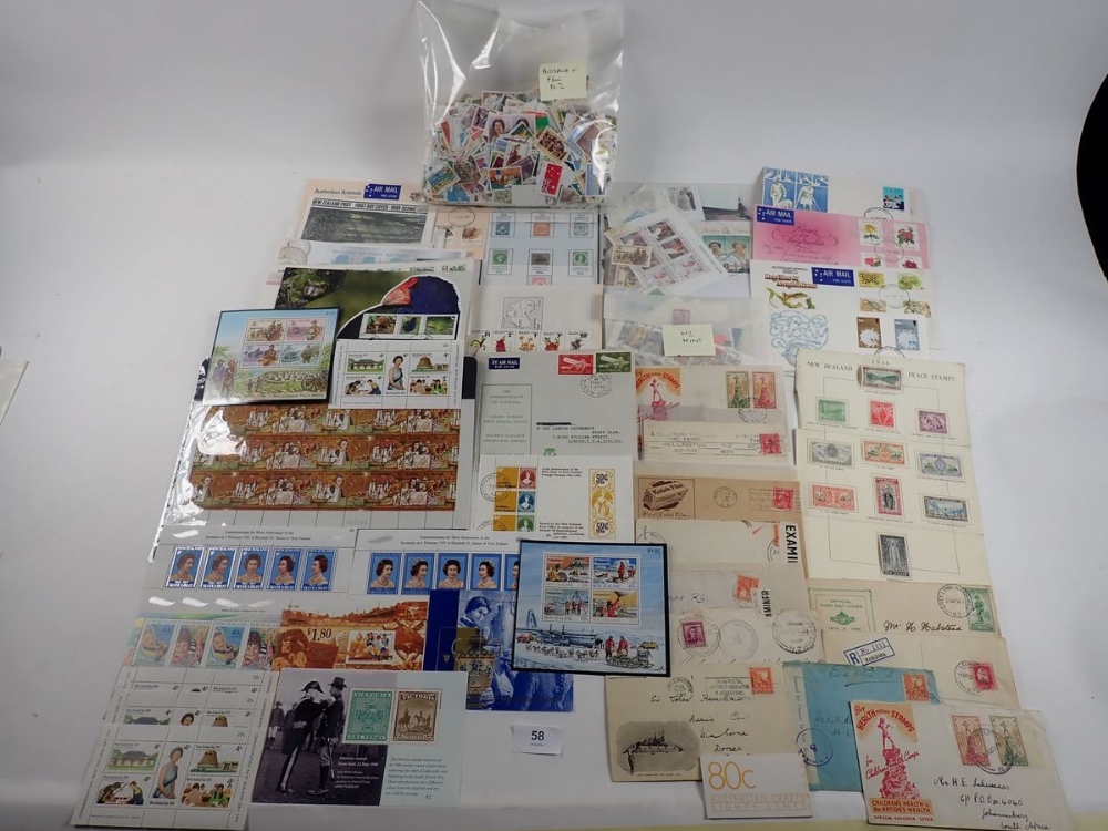 Australia & New Zealand: Small box full of mint/used defin/commem, KGV-QEII. Album & stock pages,