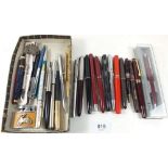 A selection on fountain pens and biros, to include Parkers, A conway Stewart 16, A Burnham 54 etc