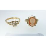 A 9 carat gold illusion set diamond chip ring, 1.8g, size M and a 9 carat gold cameo ring, size K/L,