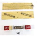 Two ivory drawing rulers and a 'Little Lady' miniature Hohner harmonica, boxed