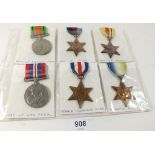 Six WW2 campaign medals to include 1939-1945 War Medal, 1939-1945 Star, African Star, 1939-1945