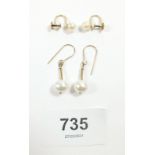 Two pairs of 9ct gold and pearl earrings