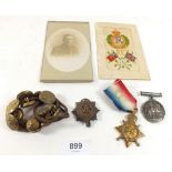 A WW1 1915 star, war medal for Pte. A. Brownsell 072609 ASC later RE, cap badges and buttons, silk