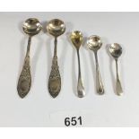 Five silver salt and mustard spoons