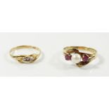 A yellow metal "333" standard ring set rubies and pearl, size P to Q and another "333" standard