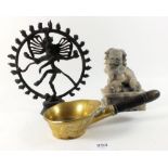 A Chinese brass warmer, a carved stone dog of Fo and a metal goddess figure