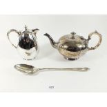 A silver plated Mappin and Webb teapot, Elkingtons coffee pot and a basting spoon