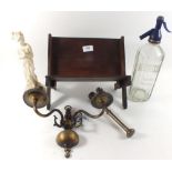 A group of collectables to include mahogany bookrack, pestle, reproduction figure, soda siphon etc.