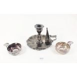 An old Sheffield silver plated chamberstick and two wine tasters