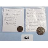 Tokens (2) including: John Chorlton Manchester Piccadilly, Victoria portrait 1860 farthing,