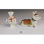 A Royal Crown Derby Teddy Bear England Mascot figure and a Crown Derby 'Holly' paperweight