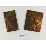 A miniature bronze plaque of an old man by Joe Prinz and another of a man lighting a cigarette by