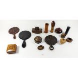 A box of treen to include pots, trinket boxes together with three hand mirrors