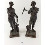 A pair of bronzed spelter figures of a miner and blacksmith, 34cm