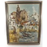 Bernard Dufour - oil on board Mediterranean Harbour, 45 x 36cm