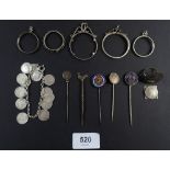 A miscellaneous quantity of five hat pins with coins attached eg. 1843 three half pence. 1883