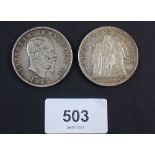Two silver 19th century coins: France, 5 Francs 1874 Paris Mint, Italy: 5 Lire 1874 Ruler:
