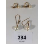 Two pairs of 9ct gold and pearl earrings