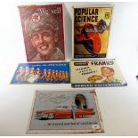 Five various reproduction advertising signs - largest 44 x 35cm