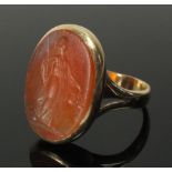 A Georgian gold signet ring set cornelian carved cameo of a woman, size O