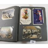 Postcards: album with topo including RP Ward's Stores (location unknown) merchant shipping, comic,