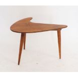 A retro 1950's oak kidney form coffee table on tripod legs