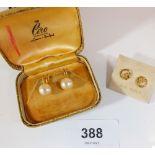 A pair of 9 carat gold faux pearl earrings, boxed 3g and another pair of gold earrings