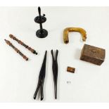 A group of carved treen including marquetry miniature box and a horn walking stick handle