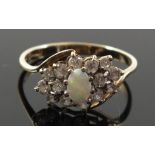 A 9 carat gold opal and white stone ring, size P-Q, 2g