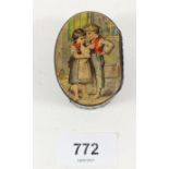 A 19th century paper mache snuff box with printed girl and boy