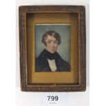 An early to mid 19thC watercolour on card portait miniature of a young gentleman, frame size 11cm by