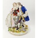A 19thC Dresden lace porcelain figural group of a romantic couple with lapdog, 25cm