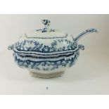 A large Edwardian Booths blue and white tureen and cover with ladle