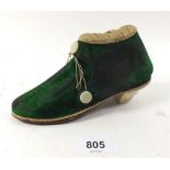 A Victorian green velvet novelty shoe form needlework case and pin cushion, 16cm long